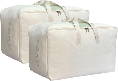 DoYiKe Soft Large Canvas Storage Bags with Zipper and Clear Window, Cotton Linen Storage Organizer for Pillows, Quilt, Blankets and Comforter, 80L, 4 Pack, Beige