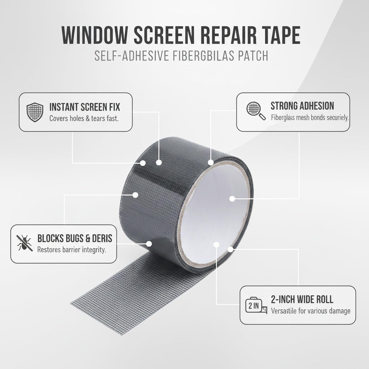 Self-Adhesive Window Screen Repair Tape, Fiberglass Mesh Patch for Holes and Tears, 2 in x 78.7 in Roll for Door and Window Screens
