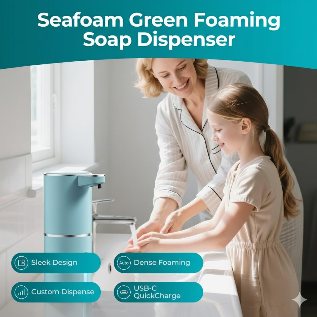 P11 Seafoam Automatic Foaming Soap Dispenser – Unique Coastal Tone, Touchless Sensor, 4-Level Foam Control, USB-C Rechargeable, 380ml, Wall Mounted or Countertop for Kitchen & Bathroom