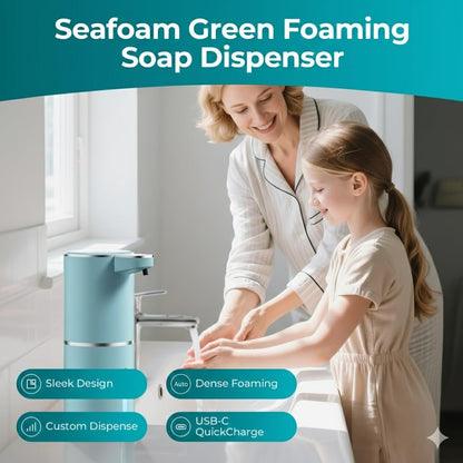 P11 Seafoam Automatic Foaming Soap Dispenser – Unique Coastal Tone, Touchless Sensor, 4-Level Foam Control, USB-C Rechargeable, 380ml, Wall Mounted or Countertop for Kitchen & Bathroom