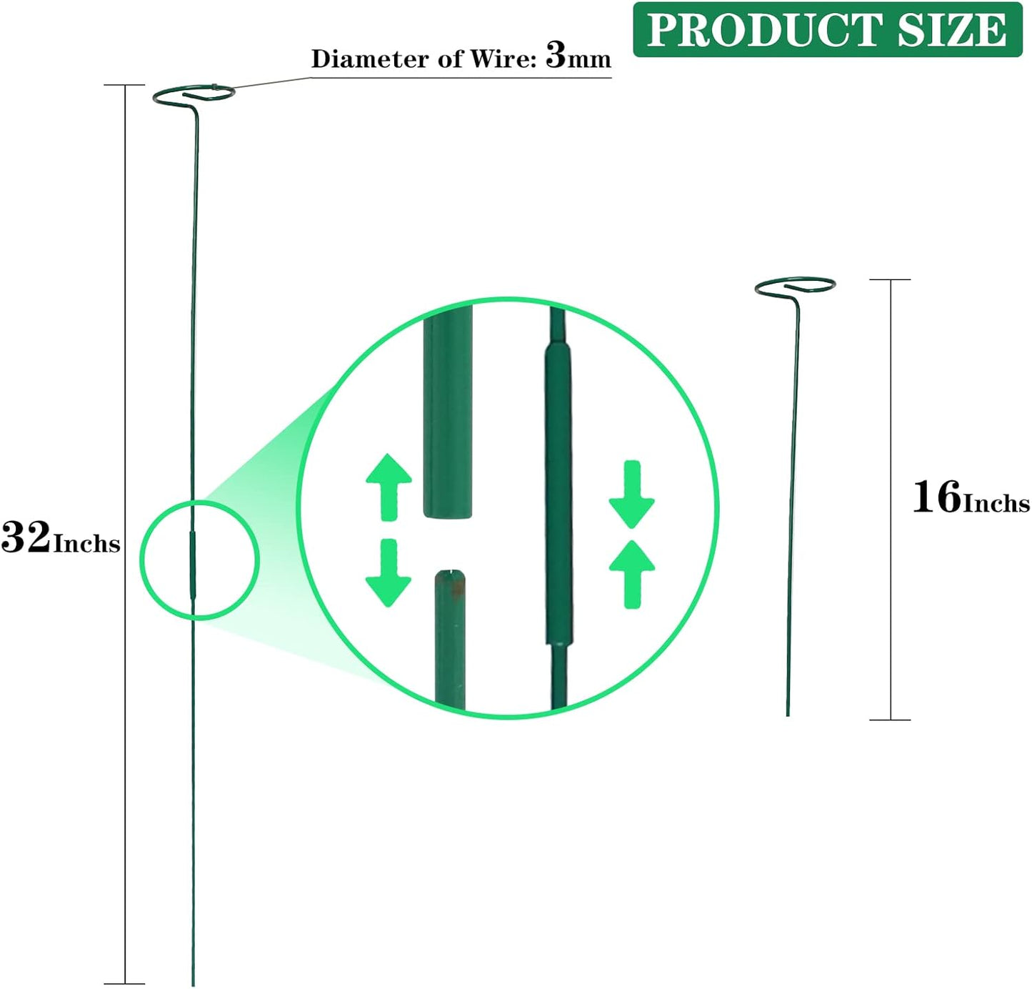 PFNRTH 4 Pack Plant Stakes,Plant Support Stakes for Two Sizes(16 or 32 Inches),Plant Stakes for Outdoor Plants,Garden Flower,Tomato(Green)
