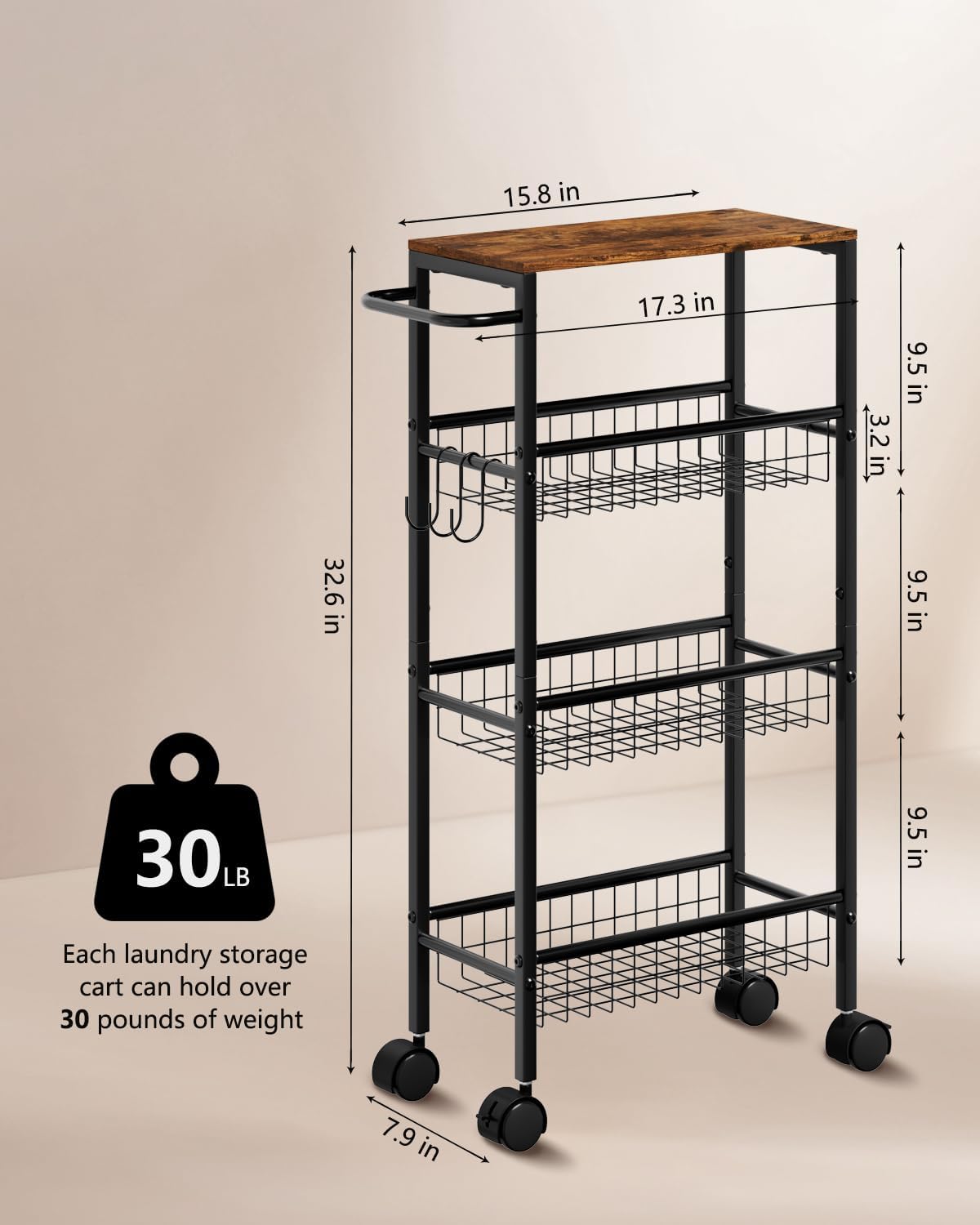 Rolling Utility Cart, 4-Tier Slim Narrow Storage Cart with Wheels for Kitchen, Laundry Room Organization, Metal Bathroom Organizer with Wood Top, Brown, 17.3" x 7.9" x 32.6"