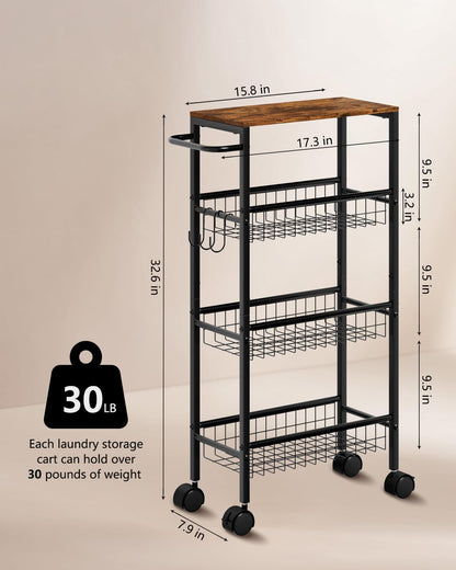 Rolling Utility Cart, 4-Tier Slim Narrow Storage Cart with Wheels for Kitchen, Laundry Room Organization, Metal Bathroom Organizer with Wood Top, Brown, 17.3" x 7.9" x 32.6"
