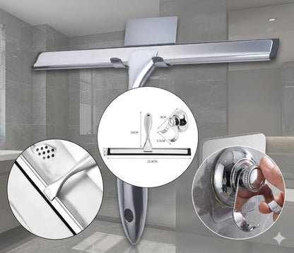 Shower Squeegee for Glass Doors - Stainless Steel Window Squeegee with Adhesive Hook, Streak-Free Silicone Blade for Bathroom Mirror, Tile, and Window
