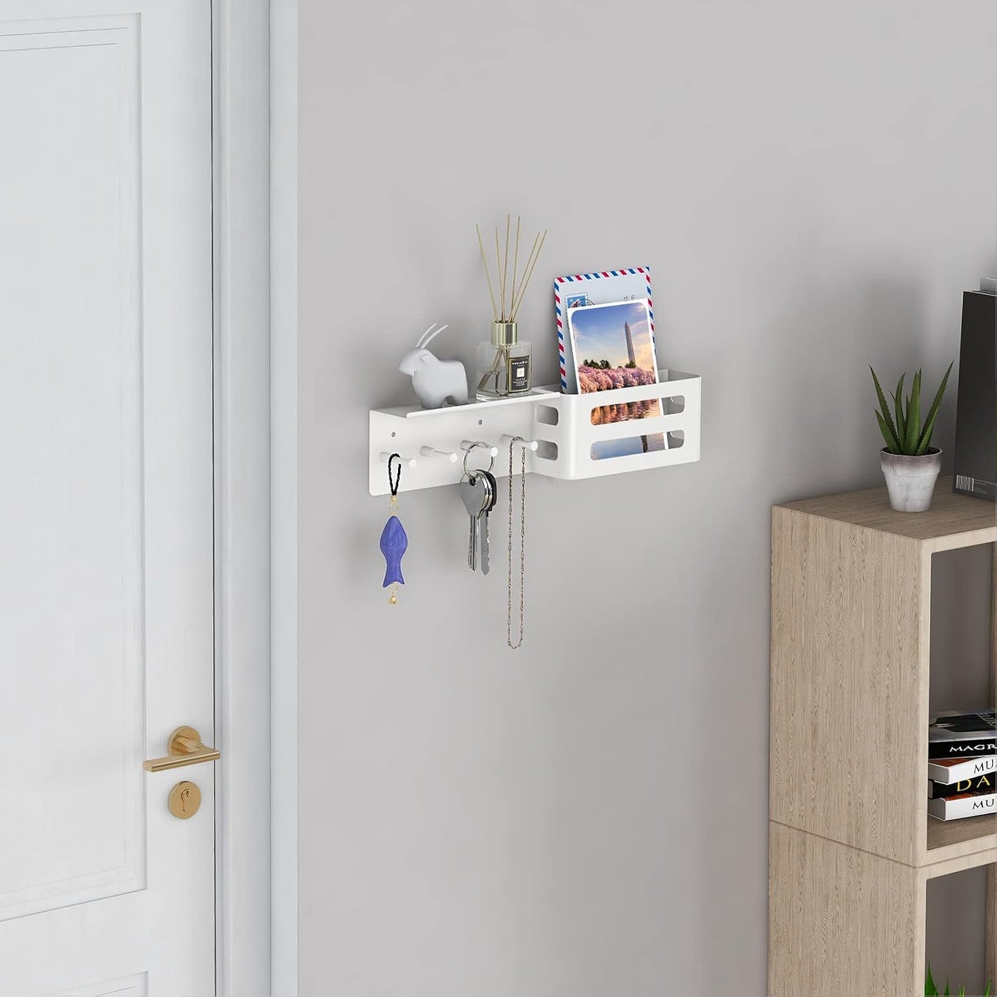 MKO Key Holder Wall Mount, Key Holder Wall Mount Adhesive with Mail Organizer Tray with 6 Key Hooks for Wall, Black