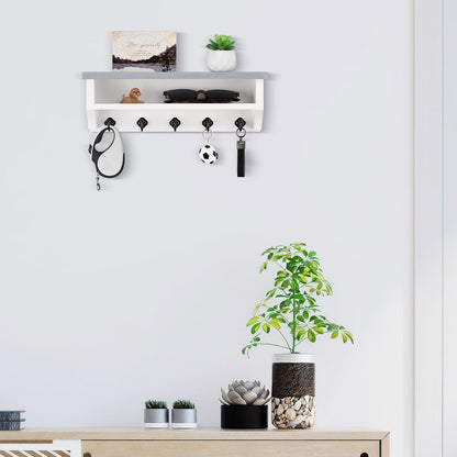 Nekon Key Holder Wall Mount, Wall Organizer Shelf with 5 Key Hooks, Room Decor for Home and Apartment Essentials, White