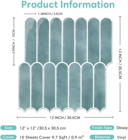 Commomy Thicker Ocean Mist Peel and Stick Backsplash - 10 pcs of 12" x 12" - 3D Adhesive Peel and Stick Tiles Backsplash for Kitchen, Bathroom, Removable, Waterproof, Vinyl Wall Tile