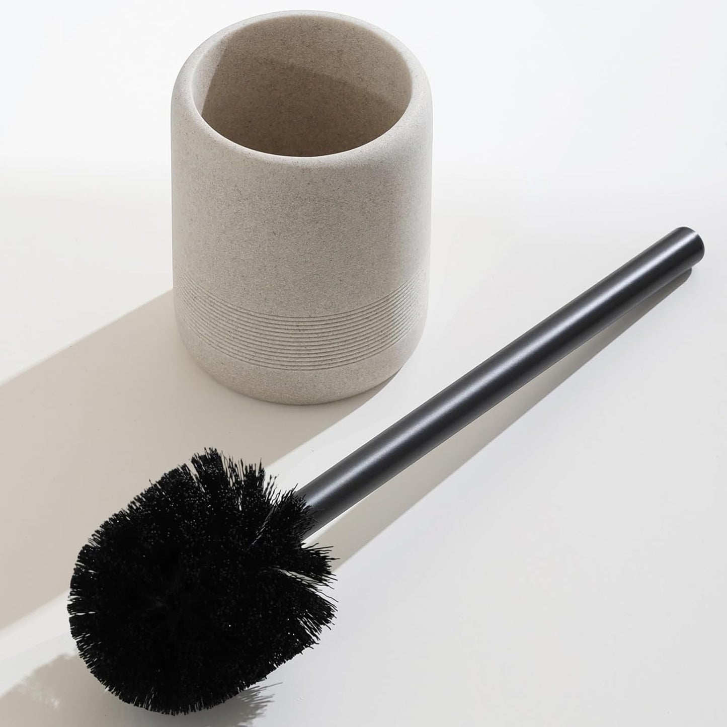 Toilet Brush and Holder Set, 2 PCS Decorative Toilet Bowl Brush and Holder Set Bathroom Aceessories Toilet Scrubber Brush Set with Heavy-Weight Resin Base with Long Handle (Beige)