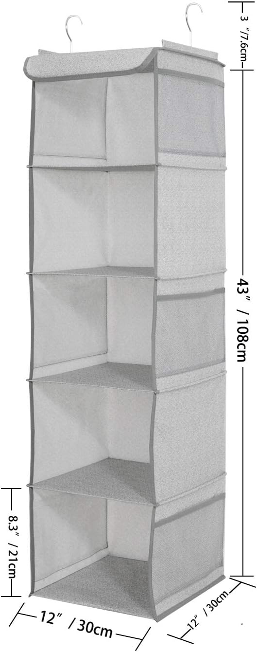 BrilliantJo 2 Pack Hanging Closet Organizer, 5 Shelves Hanging Storage with 6 Side Pockets for Clothes Shoes, 43"x12"x12"(Black)