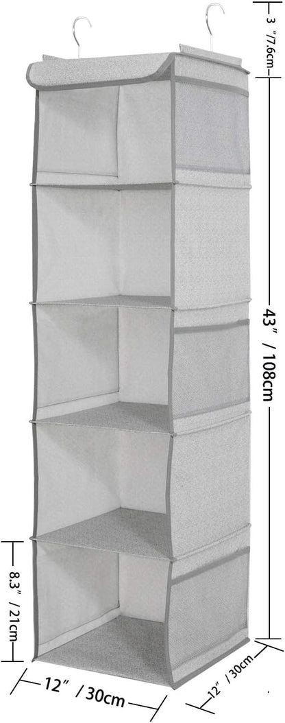 BrilliantJo 2 Pack Hanging Closet Organizer, 5 Shelves Hanging Storage with 6 Side Pockets for Clothes Shoes, 43"x12"x12"(Black)