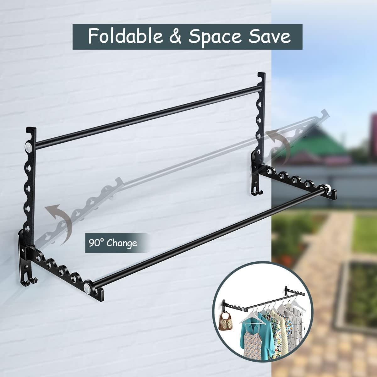 Clothes Drying Rack Wall Mounted Drying Racks for Laundry Room Organization and Storage Clothes Rack，Aluminum Dryer Rack with Two Drying Rods for Hanging Wet and Dry Clothes