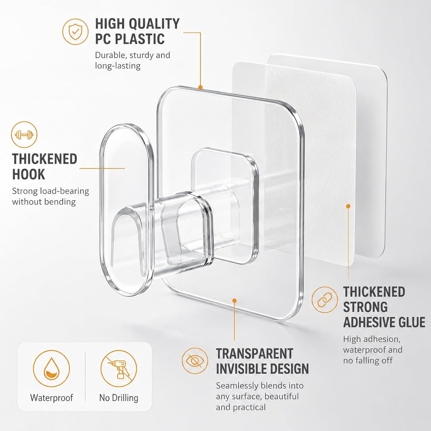 18 Pack Adhesive Wall Hooks for Hanging Heavy Duty 22lb(Max), Upgraded Clear PC No Drill Towel Hooks, Waterproof Sticky Hangers for Home, Bathroom, Kitchen, Shower, Keys, Office & Outdoor