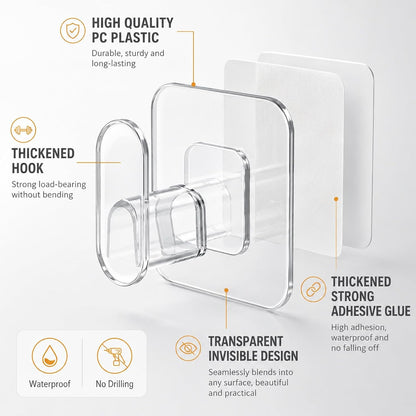 18 Pack Adhesive Wall Hooks for Hanging Heavy Duty 22lb(Max), Upgraded Clear PC No Drill Towel Hooks, Waterproof Sticky Hangers for Home, Bathroom, Kitchen, Shower, Keys, Office & Outdoor