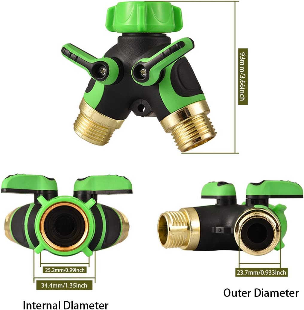Garden 2 Way Hose Splitter Y Connector with Comfortable Rubber Grip and 360 °Rotatable Top Quick Connect Garden Hose Tee Equipment Valve Shut Off (Green 2)