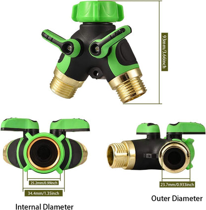 Garden 2 Way Hose Splitter Y Connector with Comfortable Rubber Grip and 360 °Rotatable Top Quick Connect Garden Hose Tee Equipment Valve Shut Off (Green 2)