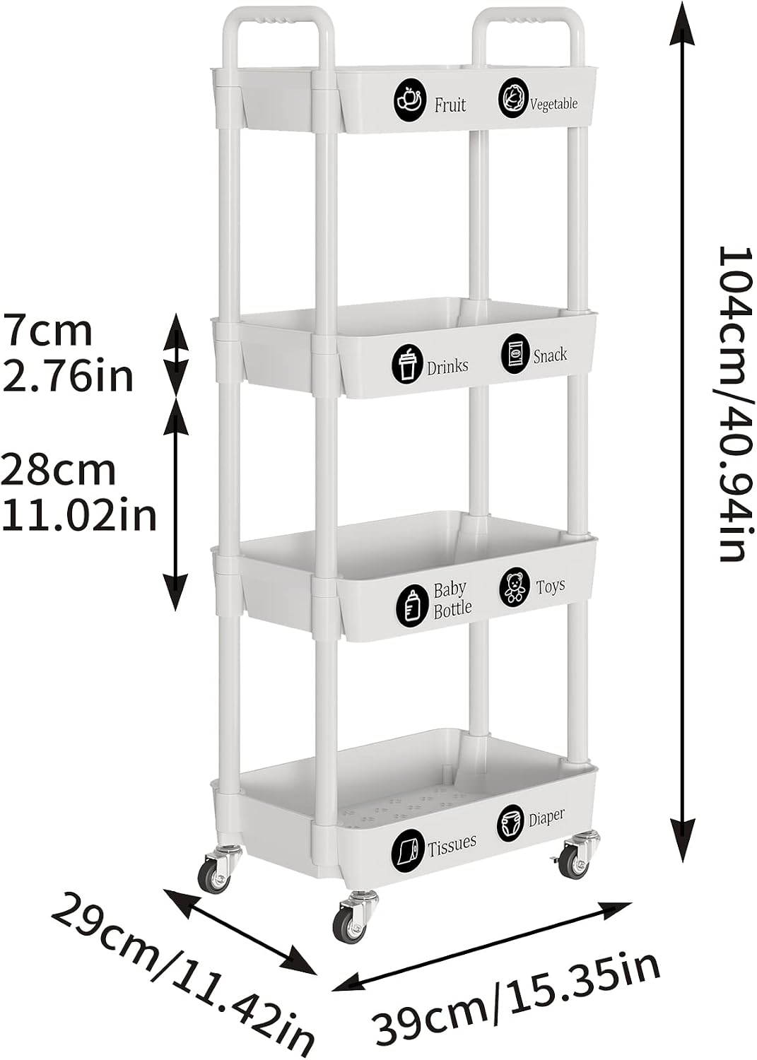 Laiensia 3-Tier Rolling Cart with Wheels,Multifunction Utility Storage Carts, Kitchen Storage Organizer,Mobile Shelving Unit for Bathroom,Laundry,with Classified Stickers,White