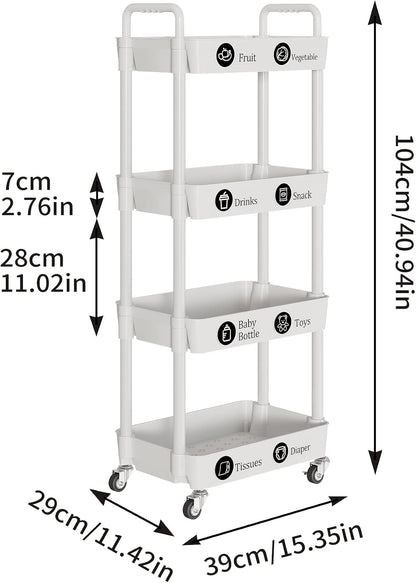 Laiensia 3-Tier Rolling Cart with Wheels,Multifunction Utility Storage Carts, Kitchen Storage Organizer,Mobile Shelving Unit for Bathroom,Laundry,with Classified Stickers,White