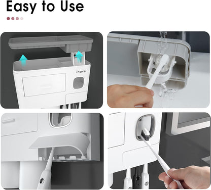 iHave Toothbrush Holders for Bathrooms, 2 Cups Toothbrush Holder Wall Mounted with Toothpaste Dispenser - Large Capacity Tray, Cosmetic Drawer - Tooth Brushing Holder & Bathroom Accessories
