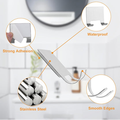 MOROBOR 4 Pcs Shower Squeegee Adhesive Hook, All-Purpose Scraper Holders Towel Hooks Stainless Steel Waterproof Storage Hook Bath Accessories for Kitchen & Bathroom（Silver）
