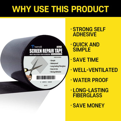 TORTO9 Window Screen Repair Kit, 3-Layer Strong Adhesive & Waterproof Tape Fiberglass Covering mesh (Black, 2 Inch x 6.5 FT)