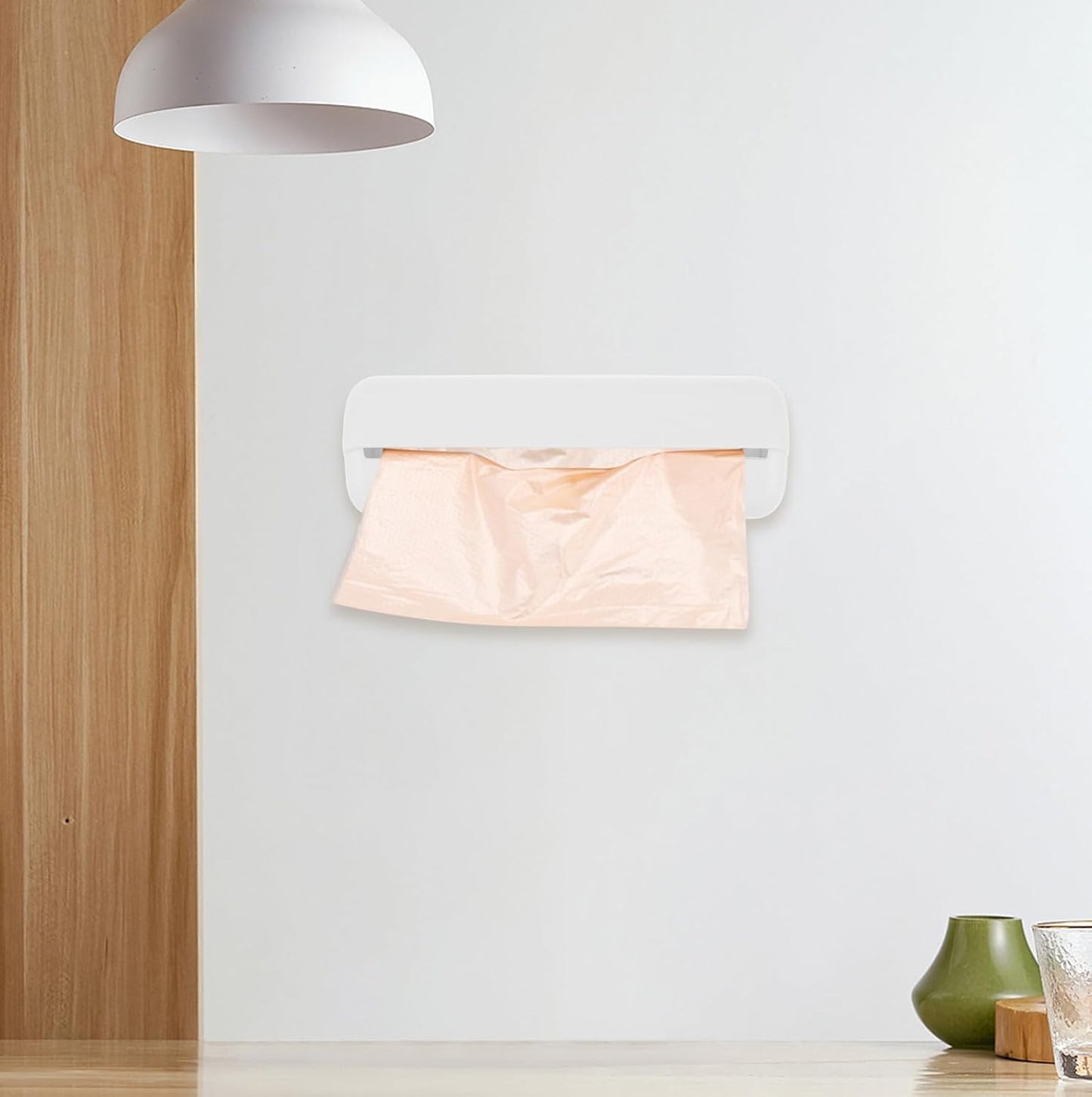 Cabilock Wall Mounted Plastic Bag Holder Trash Bag Dispenser Roll Holder Grocery Bag Storage Dispenser Hanging Over Cabinet Door Under Sink Bag Saver for Kitchen Bathroom White