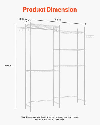 VEVOR Over Washer and Dryer Storage Shelves, 6 Tiers Laundry Room Drying Rack with Hanger Rod and Hooks, Two Rows Adjustable Washer Shelves Space Saver, for Laundry Room Storage & Organization, Black