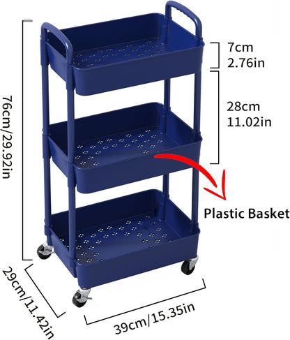 Sywhitta 4-Tier Plastic Rolling Utility Cart with Handle, Multi-Functional Storage Trolley for Office, Living Room, Kitchen, Movable Storage Organizer with Wheels, Black