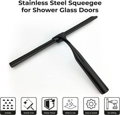 Matte Black Shower Squeegee for Glass Doors with Adhesive Hooks, Squeegee for Shower Glass, Cleaner Tool for Bathroom Household Window Mirror Tile Wall Car, 10 Inch Black