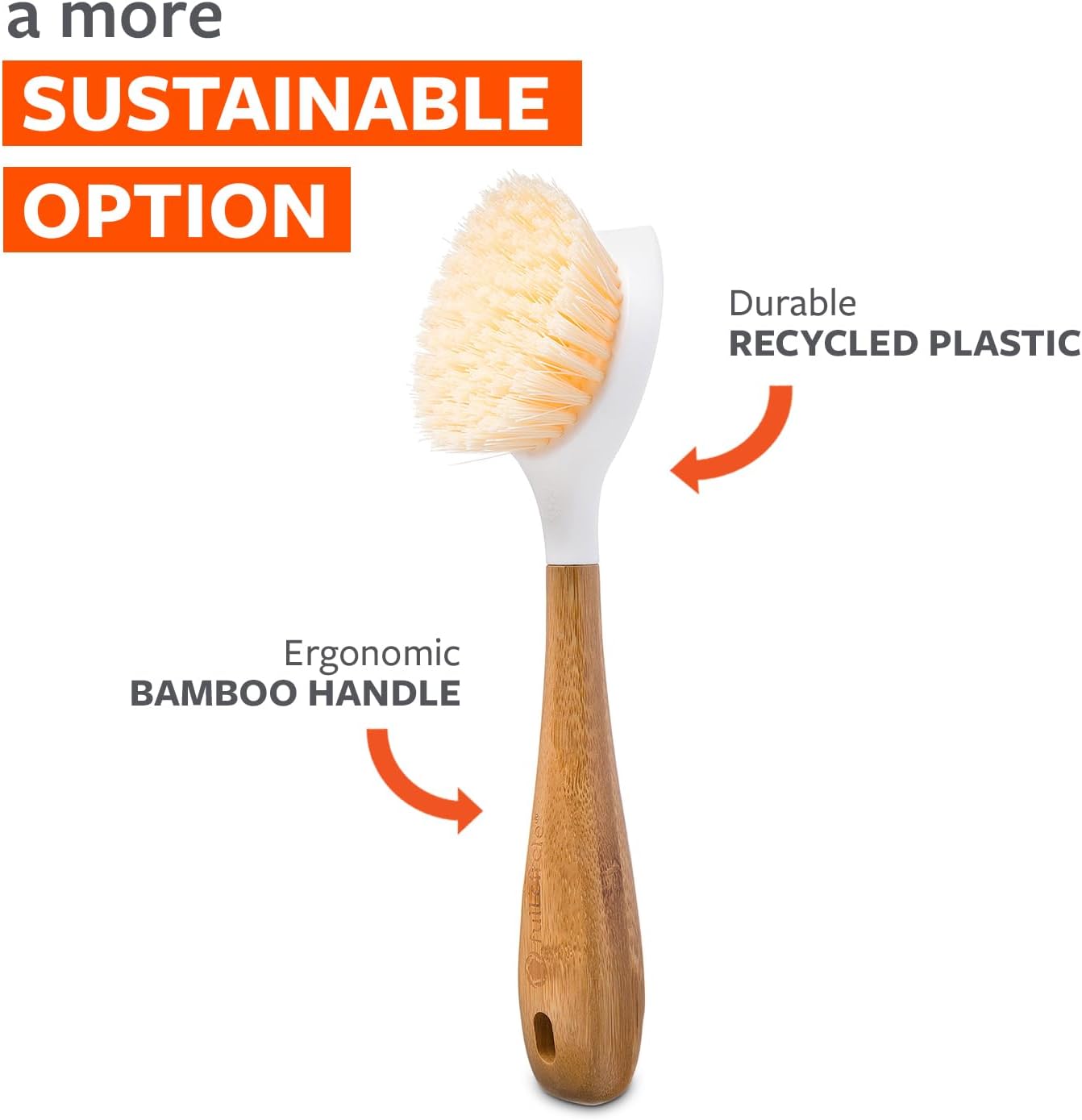Full Circle Skillet Strong Cast Iron Bamboo Dish Brush and Scraper – Durable Kitchen Scrub Brush for Dishes, Pots, Pans, and Cast Iron, Sustainable, Made with Recycled Plastic