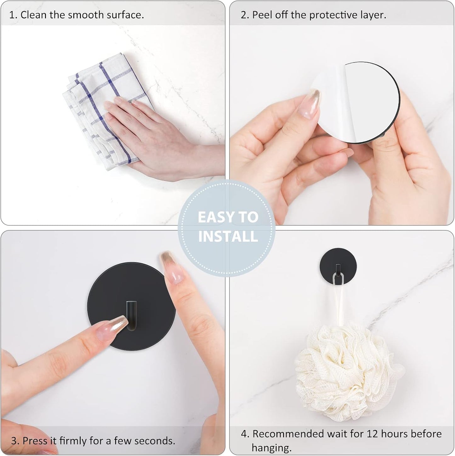 VIS'V Adhesive Hooks, Shower Wall Stick on Hooks, Round, White, 4 Pcs | Metal Material, Compact Design, Peel and Stick, 2 Extra Adhesive Strips, for Bathroom Kitchen Livingroom Office RV