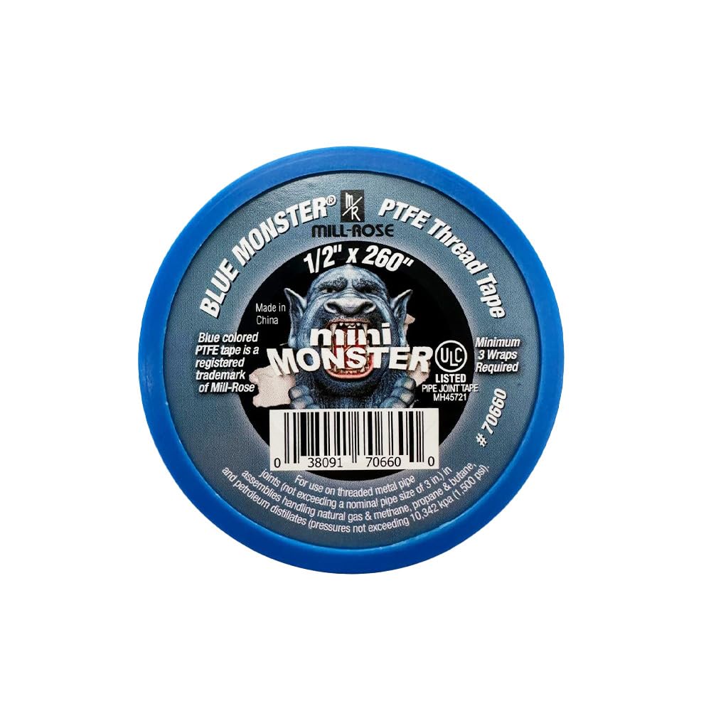 Millrose 70660 Monster Roll PTFE Thread Seal Tape, 1/2-Inch x 260-Inch, Blue | Dense blue PTFE tape seals threaded plumbing connections; 1/2 in width and 260 in length for water, air, and general service.