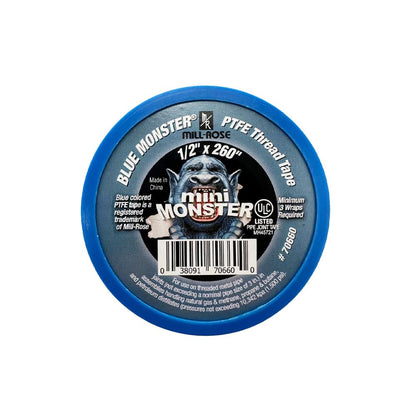 Millrose 70660 Monster Roll PTFE Thread Seal Tape, 1/2-Inch x 260-Inch, Blue | Dense blue PTFE tape seals threaded plumbing connections; 1/2 in width and 260 in length for water, air, and general service.