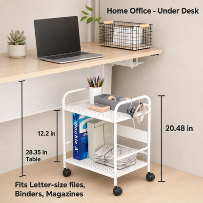 2-Tier Metal Rolling Cart, Compact Under Desk Storage Organizer | 12.2" clearance fits binders & tall bottles; anti-drop safety guard; small space mobile shelf for home, bedroom & office.