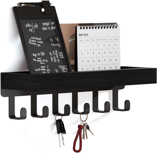 SWTYMIKI Key Holder Wall Mount - Wooden Key Hooks for Wall with Mail Organizer & 6 Hooks, 2 Installation Ways Key Hanger, Key Rack with Shelf for Entryway Living Room Bedroom Office Home Decor Black