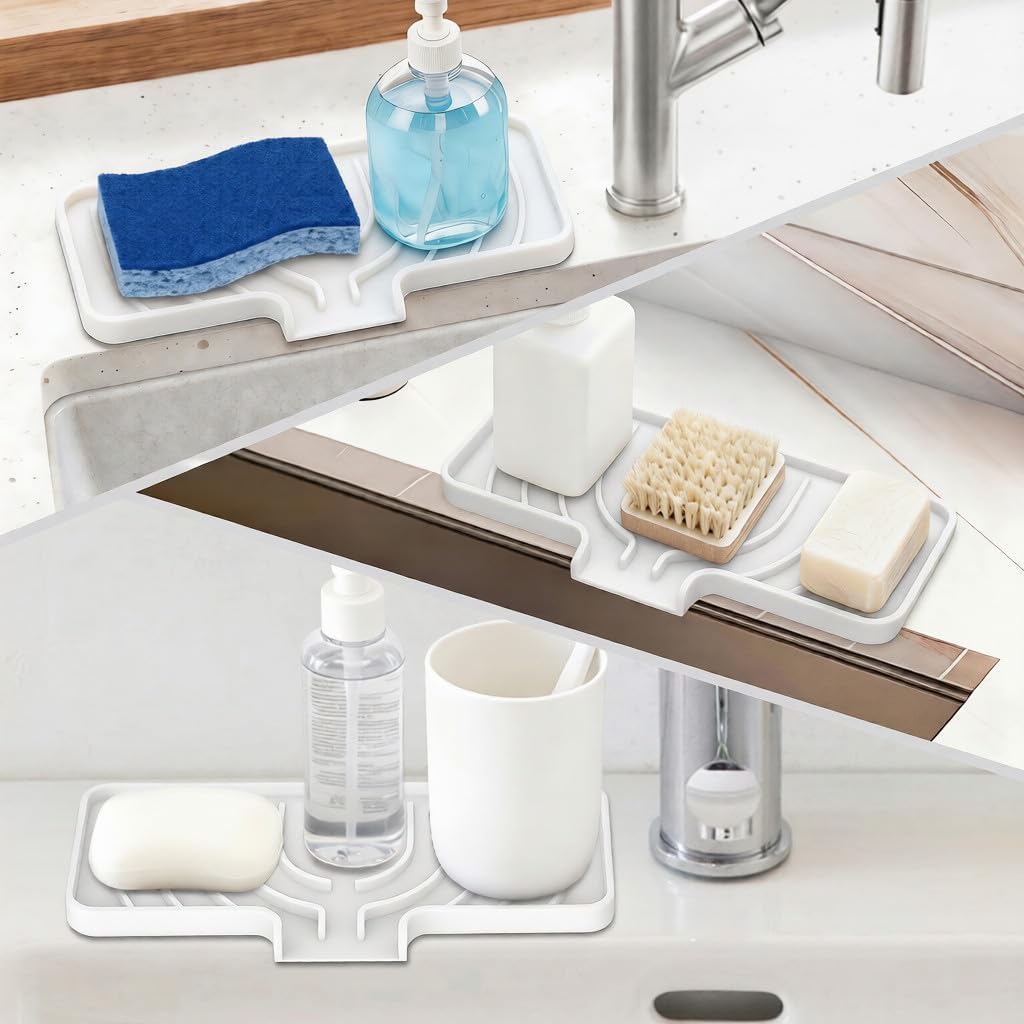 GUUKIN Sponge Holder for Kitchen Sink, Sink Caddy and Soap Tray | 10x4 inch Kitchen Sink Organizer | Compatible with Scrub Daddy, Kitchen Sink Accessories (Grey)