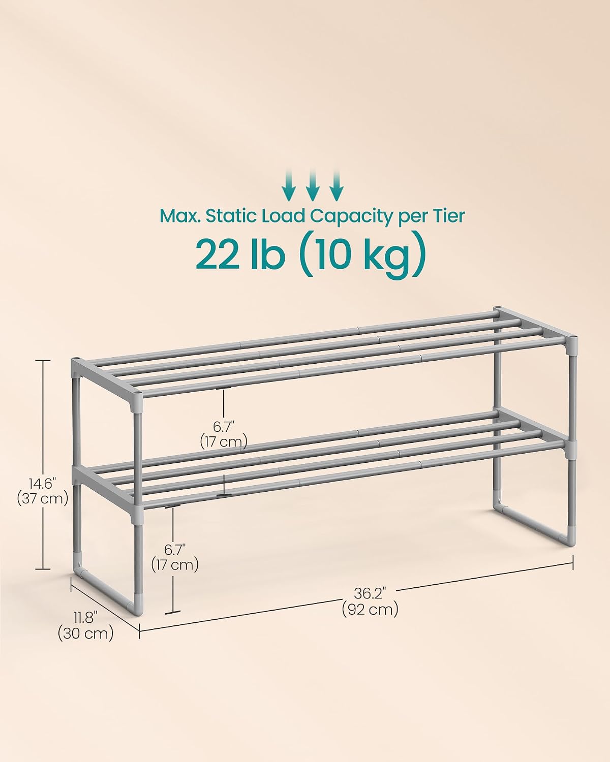 SONGMICS Shoe Rack, 6-Tier Shoe Organizer, Metal Storage Shelf, Upright or Upside Down, for 24-30 Pairs, Stackable, for Entryway, 11.8 x 36.2 x 42.7 Inches, Black ULSA306BH01