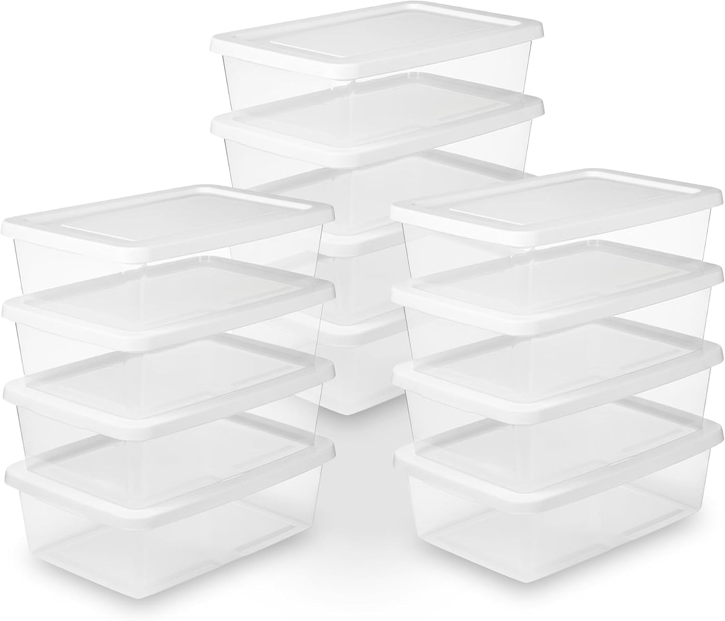 Sterilite 6 Pack Storage Box, 41 Quart Stackable Tote, Clear Plastic Container with Secure Snapping White Lids for Home and Office Organization