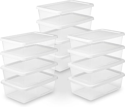 Sterilite 6 Pack Storage Box, 41 Quart Stackable Tote, Clear Plastic Container with Secure Snapping White Lids for Home and Office Organization