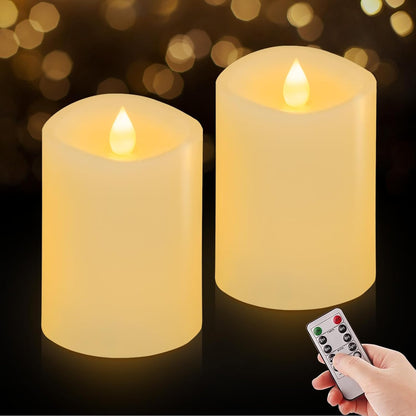 3x3 Flickering Flameless Candles Set of 2, 2AA Battery Life 600 Hours Battery Candles Flickering with Timer,3 inch Flameless Candles with Remote for Indoor/Outdoor, Ivory
