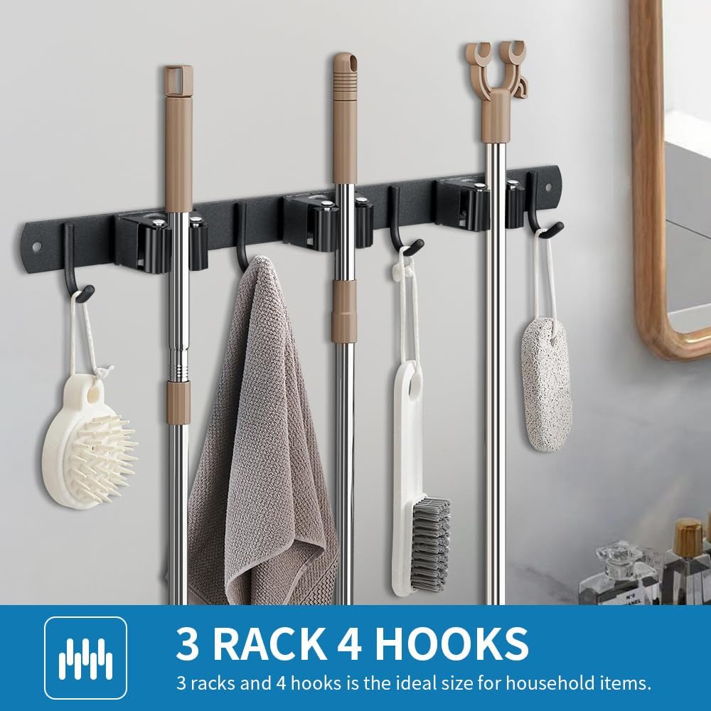 JAMEND CLXP Broom Hanger and Mop Holder, Heavy Duty Garden Tool Organizer Rack Rake and Shovel Handle, Stainless Steel Wall Mounted Utility Rack with Screws (3 Racks with 4 Hooks, Matte Black).