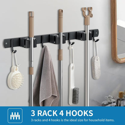 JAMEND CLXP Broom Hanger and Mop Holder, Heavy Duty Garden Tool Organizer Rack Rake and Shovel Handle, Stainless Steel Wall Mounted Utility Rack with Screws (3 Racks with 4 Hooks, Matte Black).