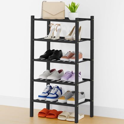 Smiry Bamboo Shoe Rack, 3 Tier Free Standing Wooden Shoe Organizer, Stackable Wood Shoe Storage Shelf for Closet, Entryway, 12 Vertical Slats, 2+1 Stack Standard Legs, 26.8"x11"x19.5", Natural