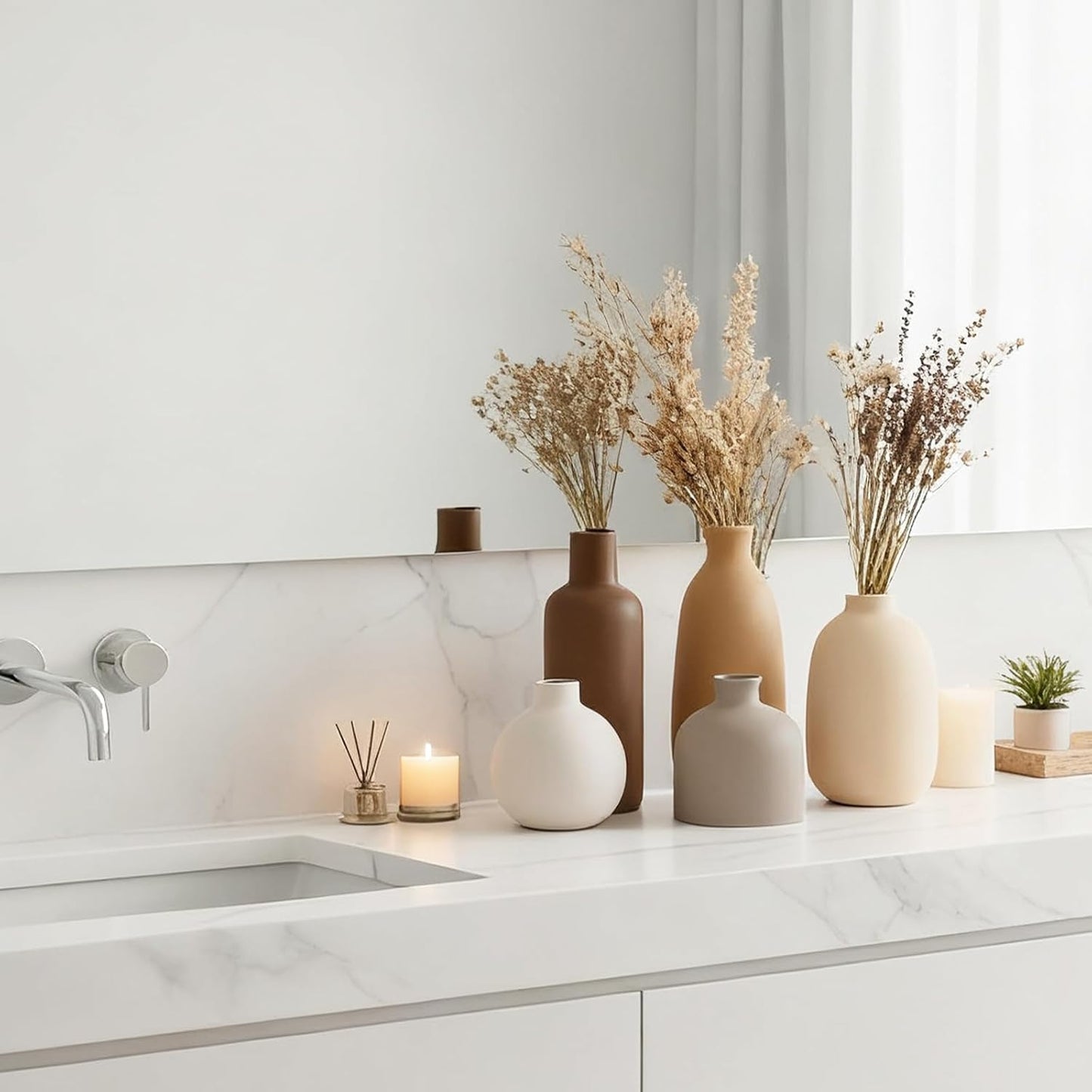 CUCUMI Ceramic Vase Set of 5, Home Decor Farmhouse Décor Handmade Pottery Vases for Pampas Grass, Dried Fresh Flowers, Table, Living Room, Kitchen, Shelf, Entryway Mantel Neutral Tones