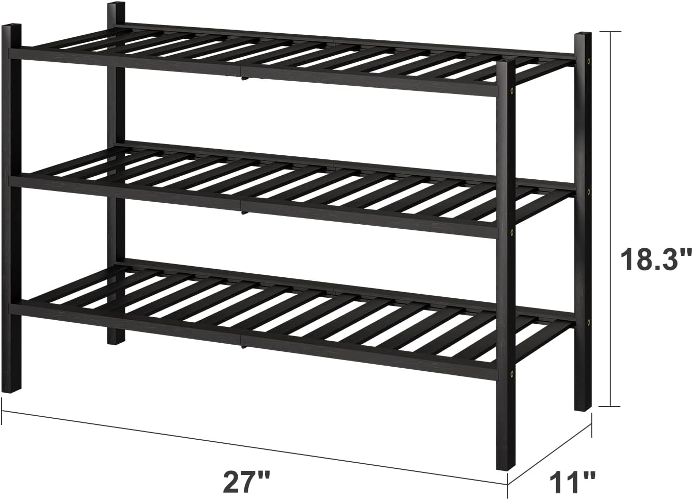 viewcare 3-Tier Black Bamboo Shoe Rack for Entryway, Stackable | Foldable | Natural, Shoe Shelf Storage Organizer for Hallway Closet, Free Standing Shoe Racks for Indoor Outdoor