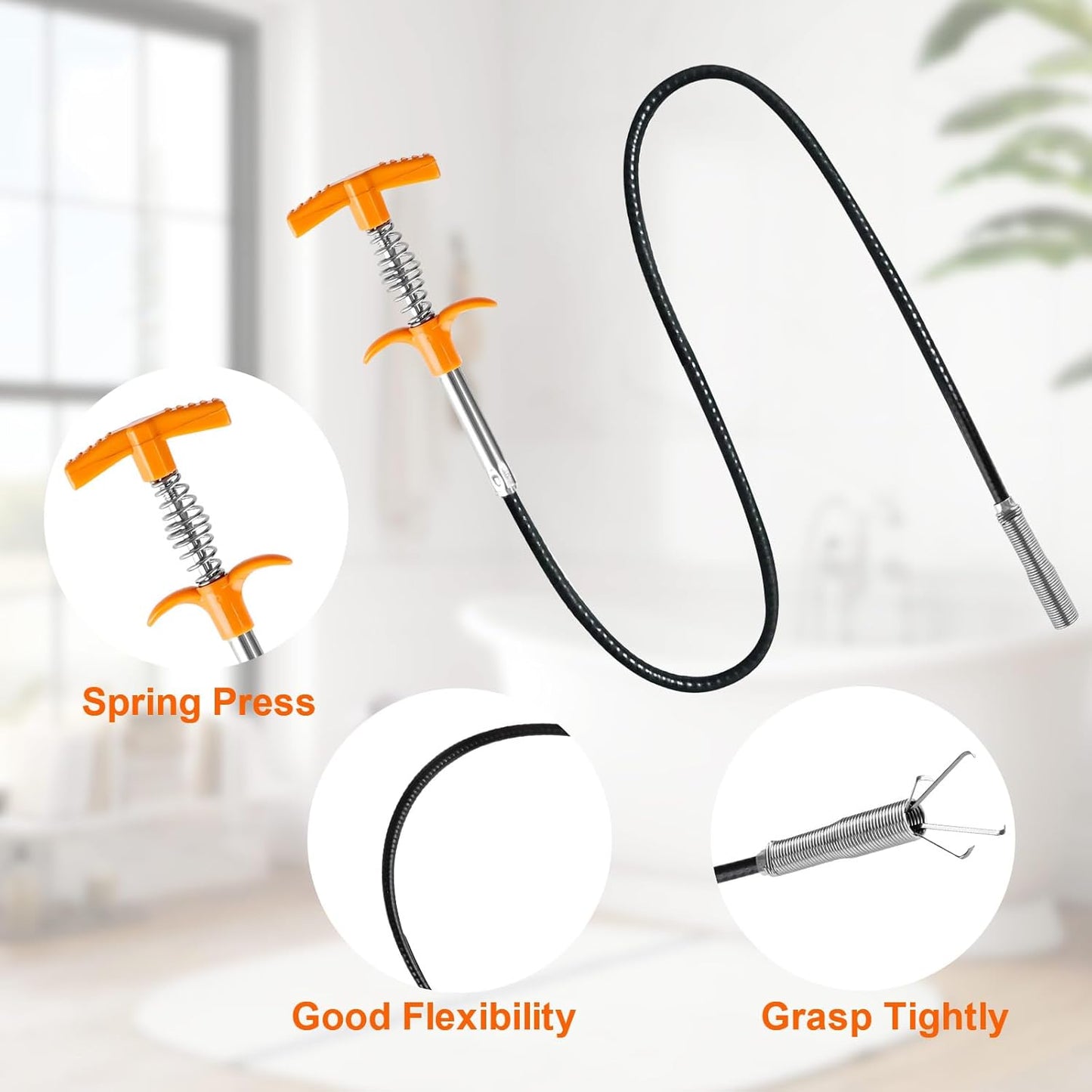 63 In Drain Snake Hair Drain Clog Remover Tool, Sink Drain Cleaner for Sewer Kitchen Bathroom Shower Tub Toilet Clogged Drains Opener Cleaning Tool, Flexible Grabber Claw Pick Up Reacher Tool