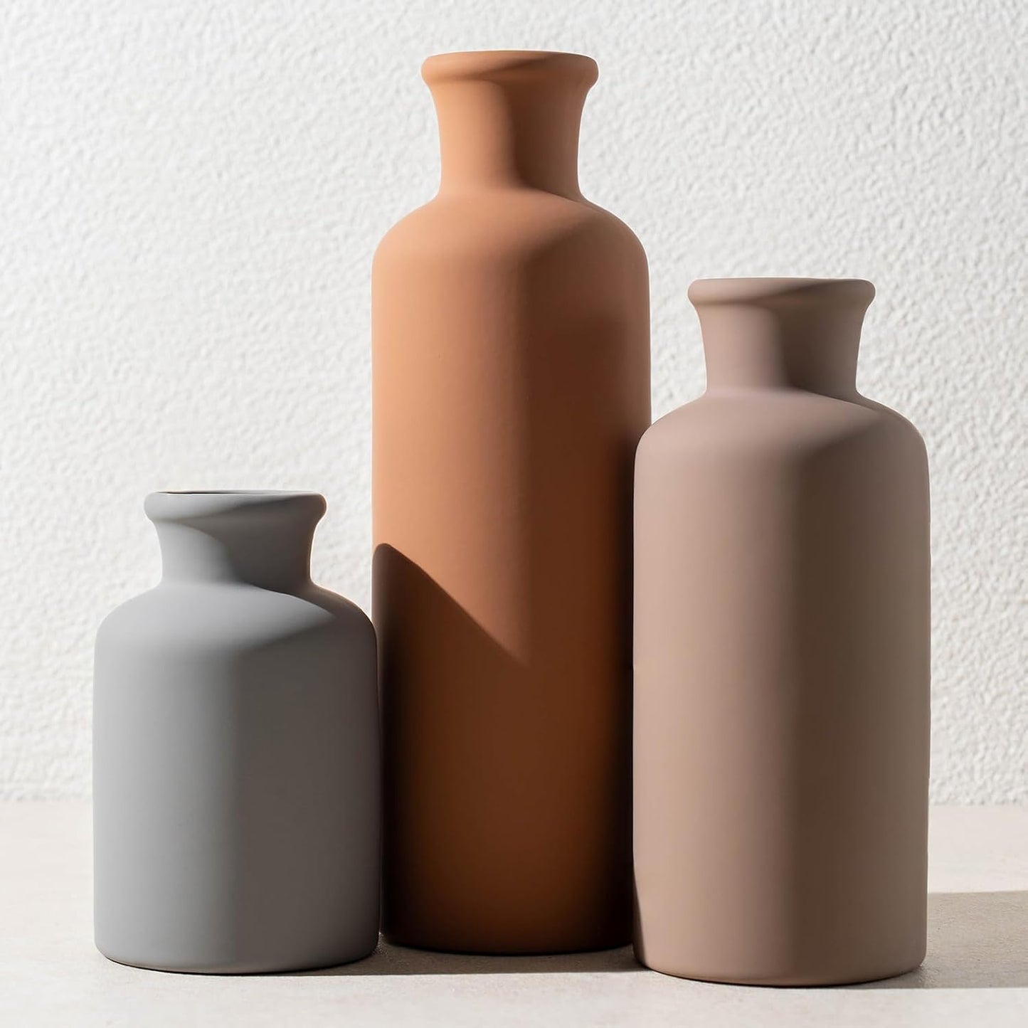 Ceramic Vase Set of 3, Modern Minimalist Neutral Home Decor, Boho Rustic Farmhouse Decorative Vases for Pampas Grass Dried Flowers | Table Centerpiece Entryway Mantel Bookshelf(Black Mix Set - Gray#1)