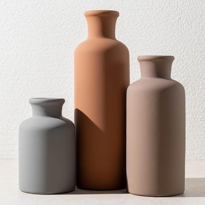 Ceramic Vase Set of 3, Modern Minimalist Neutral Home Decor, Boho Rustic Farmhouse Decorative Vases for Pampas Grass Dried Flowers | Table Centerpiece Entryway Mantel Bookshelf(Black Mix Set - Gray#1)