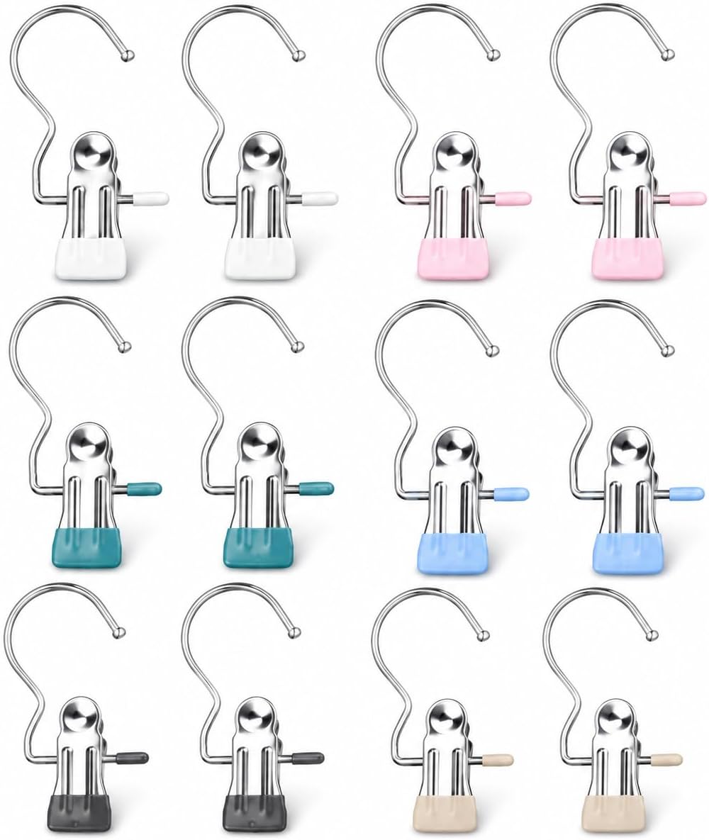 12PCS Clips for Hangers, Clothes Pins for Towels Belts, Mixed | 360° swivel hook; rubber coated grip; for beach chairs closet boots bags; travel laundry use