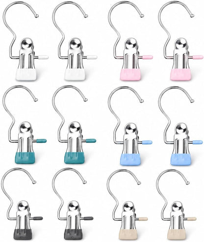 12PCS Clips for Hangers, Clothes Pins for Towels Belts, Mixed | 360° swivel hook; rubber coated grip; for beach chairs closet boots bags; travel laundry use