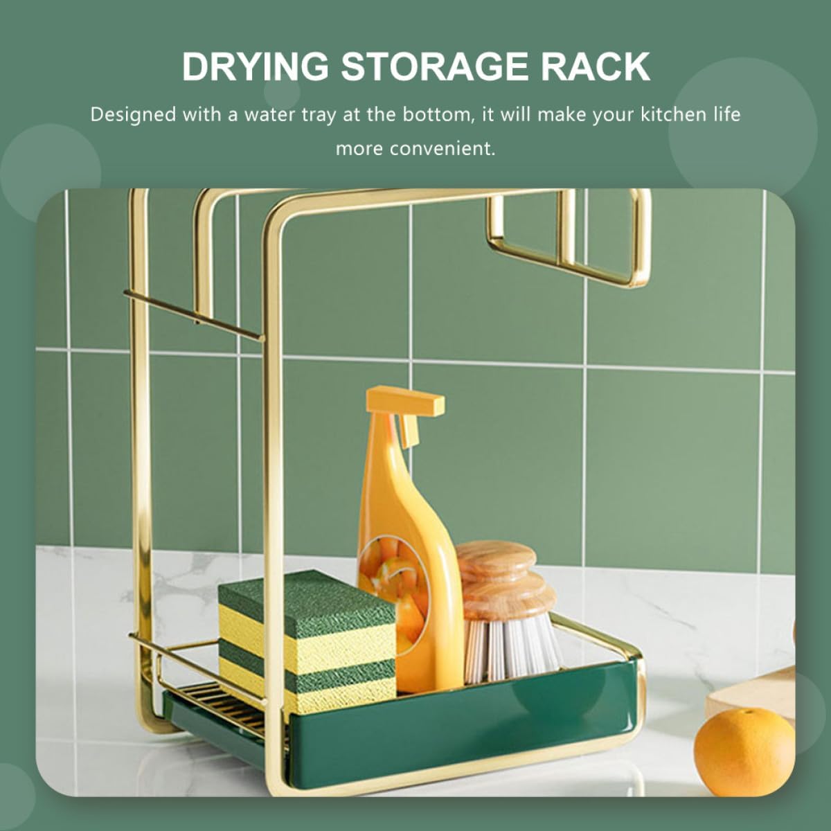 OSALADI Kitchen Wall Hanging Drying Storage Rack with Water Tray Lightweight Drain Stand for Duster Cloths Space-saving Elegant Kitchen Utensil Holder Gold Finish